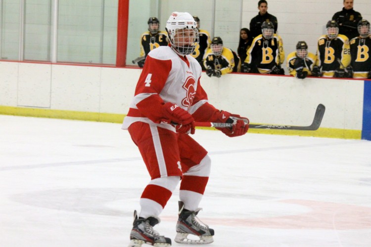 Junior defender Johnny Austin, also new to BSM this year, watches for the puck. 