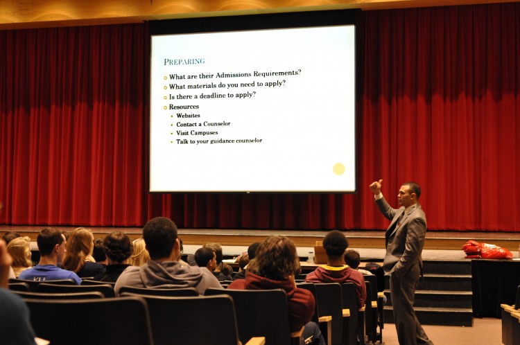 Juniors attend a theater presentation in preparation for the college application process.