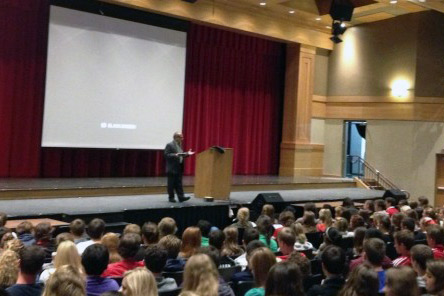 Sophomores, juniors, and seniors sat through the presentation on an assembly block day. 