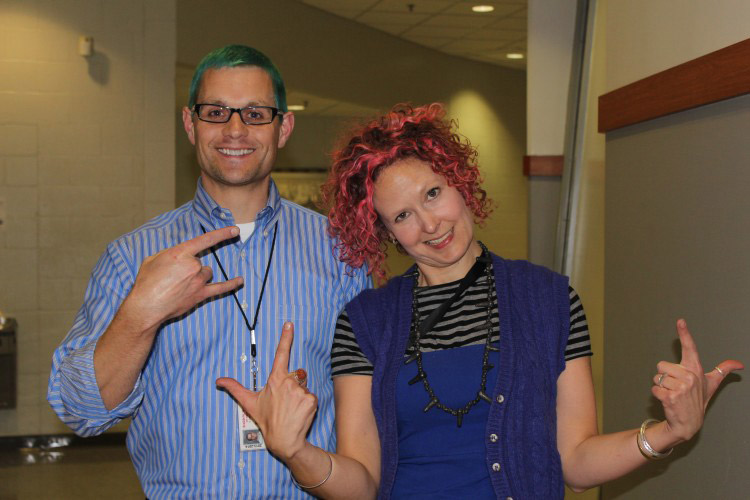 Due to the success of the clothing drive, two teachers dyed their hair. 