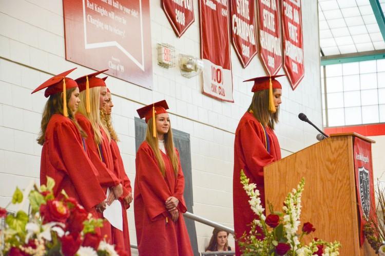 Valedictorians Michelle Sauer, Sam Letscher, Liz Nicholson, and Katie Segner give a few final words of remembrance and appreciation to their classmates and educators. 
