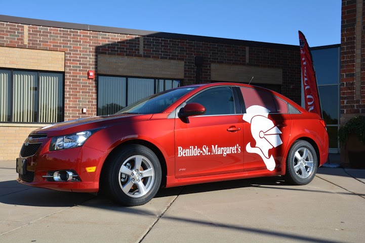 The Chevy Cruze sits outside the main entrance to BSM, waiting to be taken home by the lucky raffle winner.
