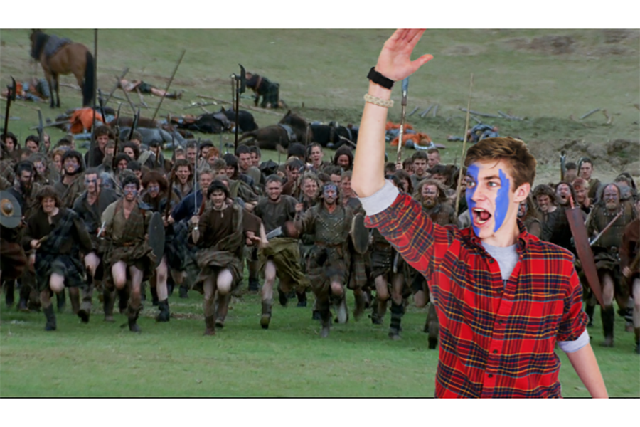 Braveheart enthusiast and fatherland revolutionary, Jimmy Youngblut, sports his homelands colors patriotically while he leads a valiant charge of independence atop a Scottish glen.