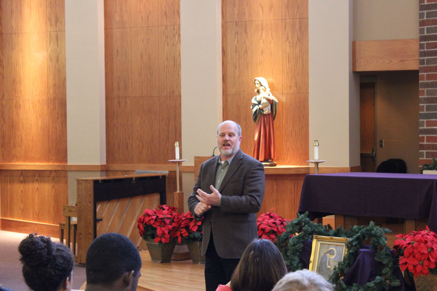Dan Pharr from The Bridge from Youth addresses a group of BSM students in the chapel, after school on Wedensday, December 10, to discuss the topic of youth homelessness.