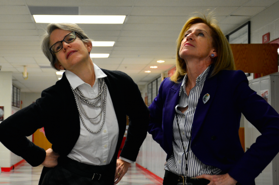 Two extremely well-dressed English teachers strike a pose. Both Ms. Maura Brew and Ms. Anne-Marie Dominguez have a keen eye for fashion. 