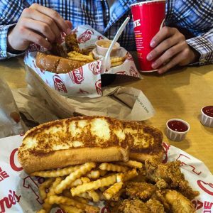 Above is the signature four-piece chicken basket with french fries and Texas toast. 