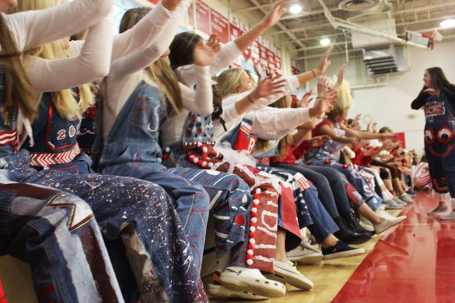 Seniors from the class of 2016 celebrate at the homecoming pep fest.