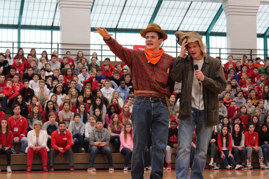 Eric Weber and his horse Carston Swenson emceed the pep fest to kick off Catholic Schools Week.