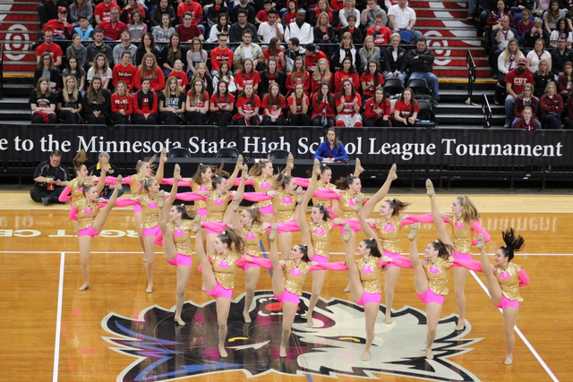 The Dance Team, wearing their flashy pink outfits, was able to come out with a 6th Place finish at State in Kick after winning Jazz the night before.