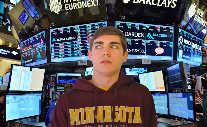Drew Torrance sits in confusion at the New York Stock Exchange. Silly Andrew shouldve never bought that Tesla stock—what a goof.