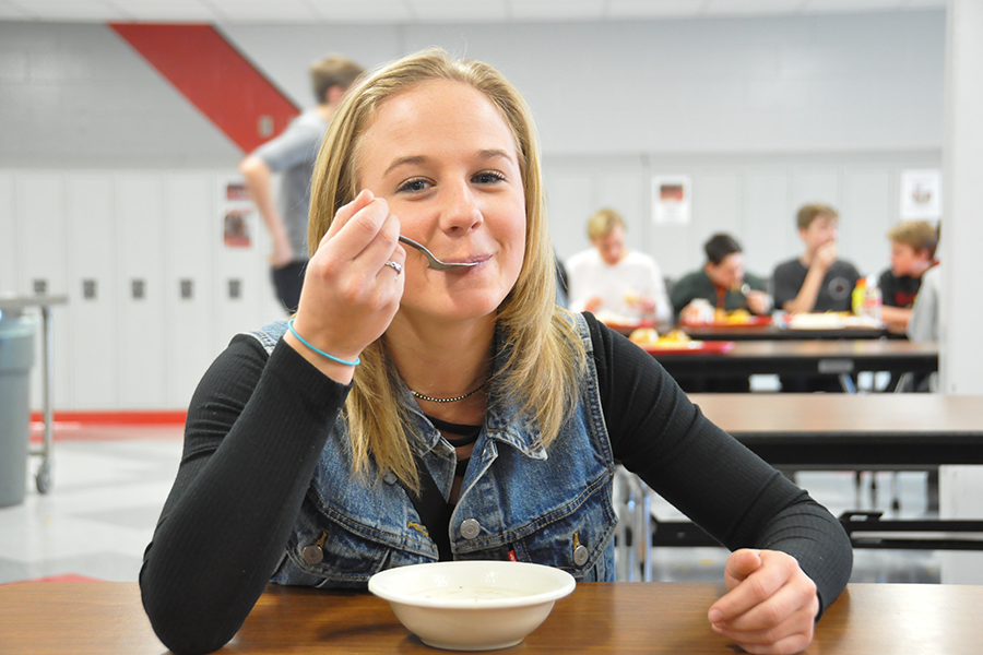 Senior Riley OConnor was diagnosed with Celiac disease as a child, but has found gluten-free alternatives for lunch at Taher. 