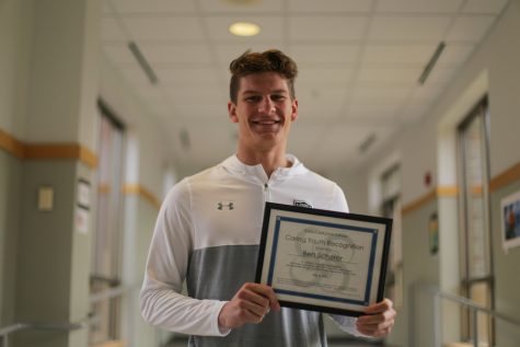 Senior Ben Scherer earned the Caring Youth Award, which is given to students in St. Louis Park that exhibit character and service work. Senior high theology teacher Ms. Michelle LeBlanc recommended Scherer for the award and he was recognized in a ceremony.