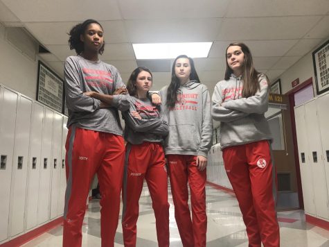 Girls volleyball players show off their gameday dress up outfit.