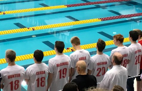 The State swimmers and alternates lined up at the State Meet.