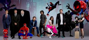 Voice actors, shown here, brought the audio of Spider-Man: Into the Spider-Verse to life. Tony Siruno got to design Uncle Aaron and the Prowler, pictured in the upper left corner of the image.