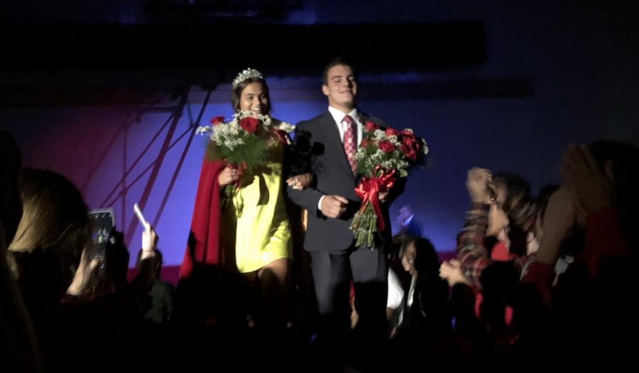 Seniors Joe Marinaro and Frida Fortier celebrate their selection as king and queen of this year's Homecoming Week.
