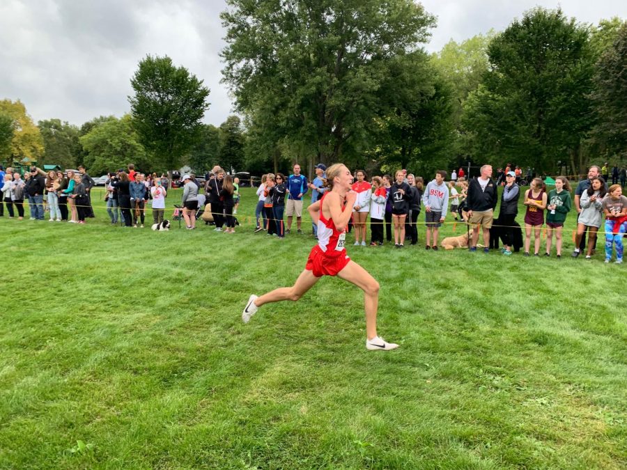 Walker Niebergall prior to crossing the finish line at BSMs home meet on September 8th. 