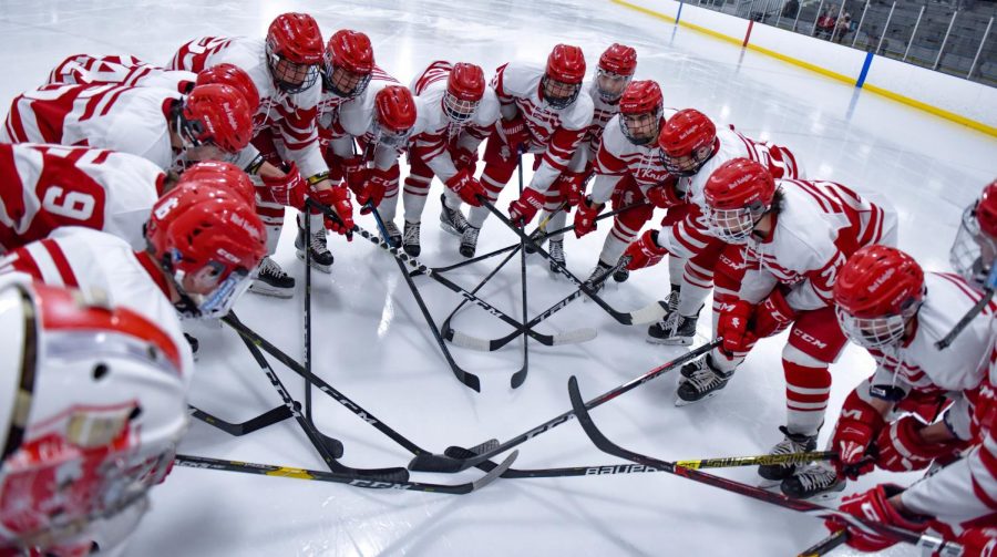 The boys hockey team prepares for a game.