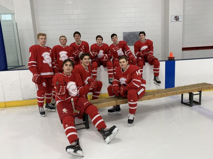 Some of the boys who made the boys varsity hockey team pose for a photo.