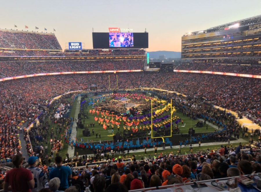 Coldplay during Super Bowl 50s halftime show.
