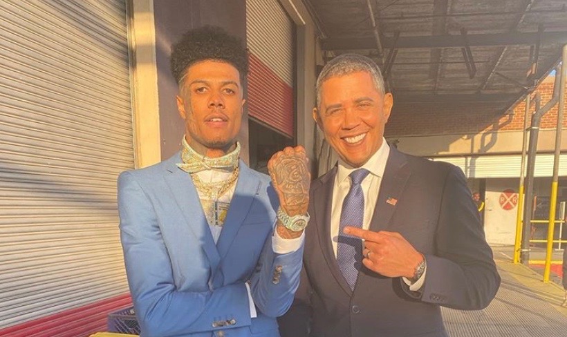 Blueface+on+set+for+the+filming+of+the+music+video+alongside+an+Obama+look-alike