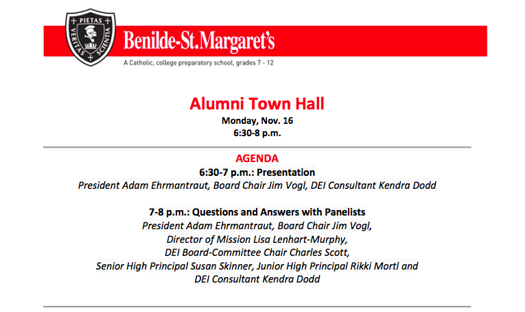 BSM published an agenda and guidelines for its alumni DEI Town Hall before it occurred on Monday, November 16.