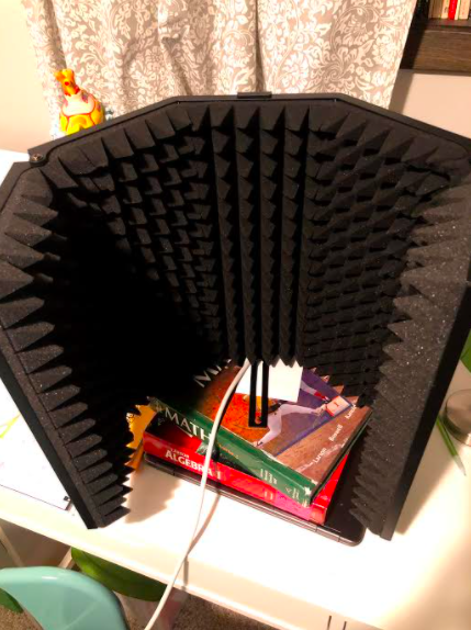 Mr. Mahlers soundproofing foam, used to contain noise when he records, sits atop an improvised stand of math books.