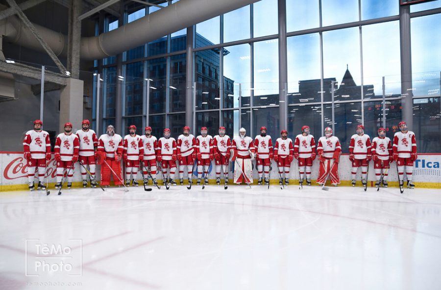 BSMs 2019-2020 boys hockey team stands shoulder-to-shoulder on the ice.