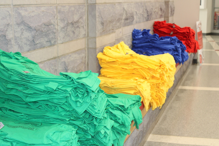 The class color homecoming t-shirts await student pick up.