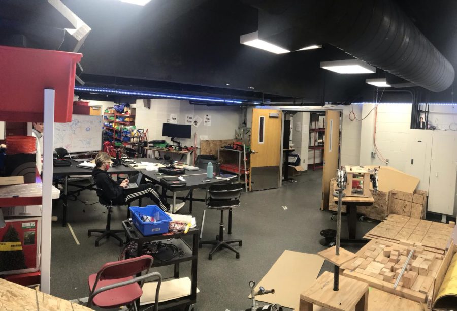 The engineering department uses every inch of available space. This room is used for storage of projects and parts and as a workspace for the robot.