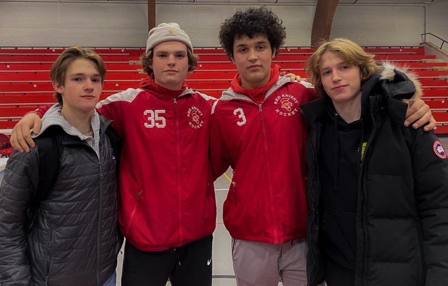 Sophomores+Drew+Stewart%2C+Mason+McElroy%2C+Mason+Stenger%2C+and+Michael+Risteau+%28from+left+to+right%29+pave+the+path+for+future+BSM+hockey+success.