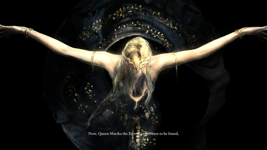 Queen Marika, one of the key divinities in Elden Ring, is seen suspended in the air.
