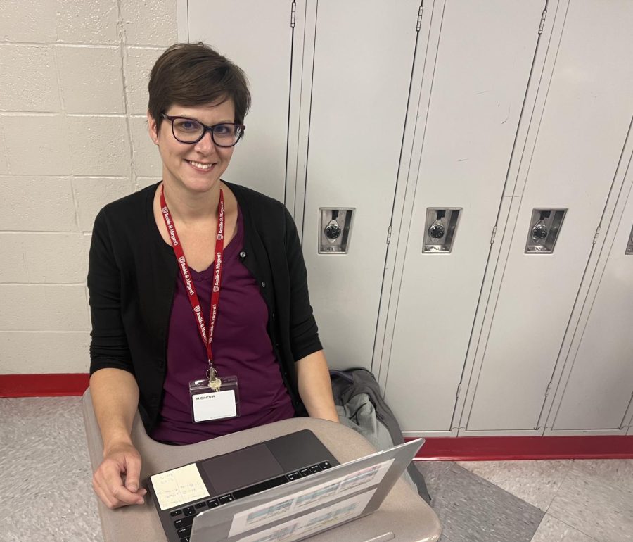 New Science teacher Ms. Moni Berg-Binder on hall duty.