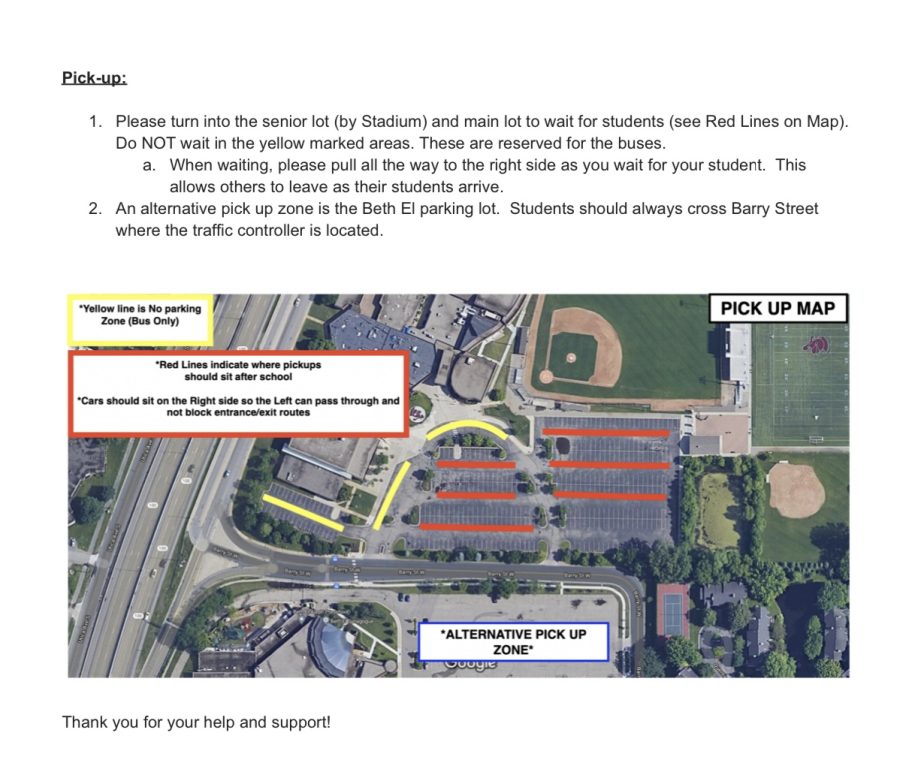 The parking lot coordinators send out information to parents about pick-up.