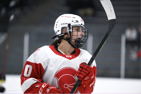 Junior Avalyn Mikkelson working hard during a BSM hockey game last winter.