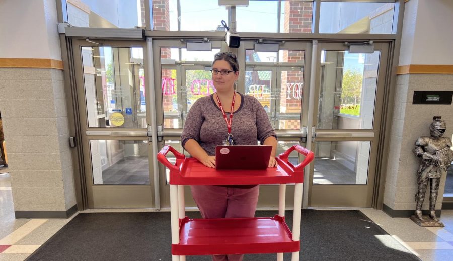 Ms. Galper in her afternoon position checking out BSM seniors leaving early.