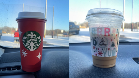 This years Starbucks and Caribou holiday cups.
