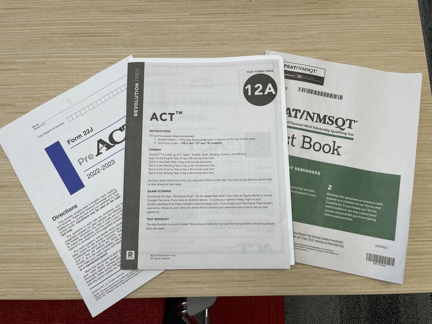Standardized test (ACT/SAT) practice booklets for students.