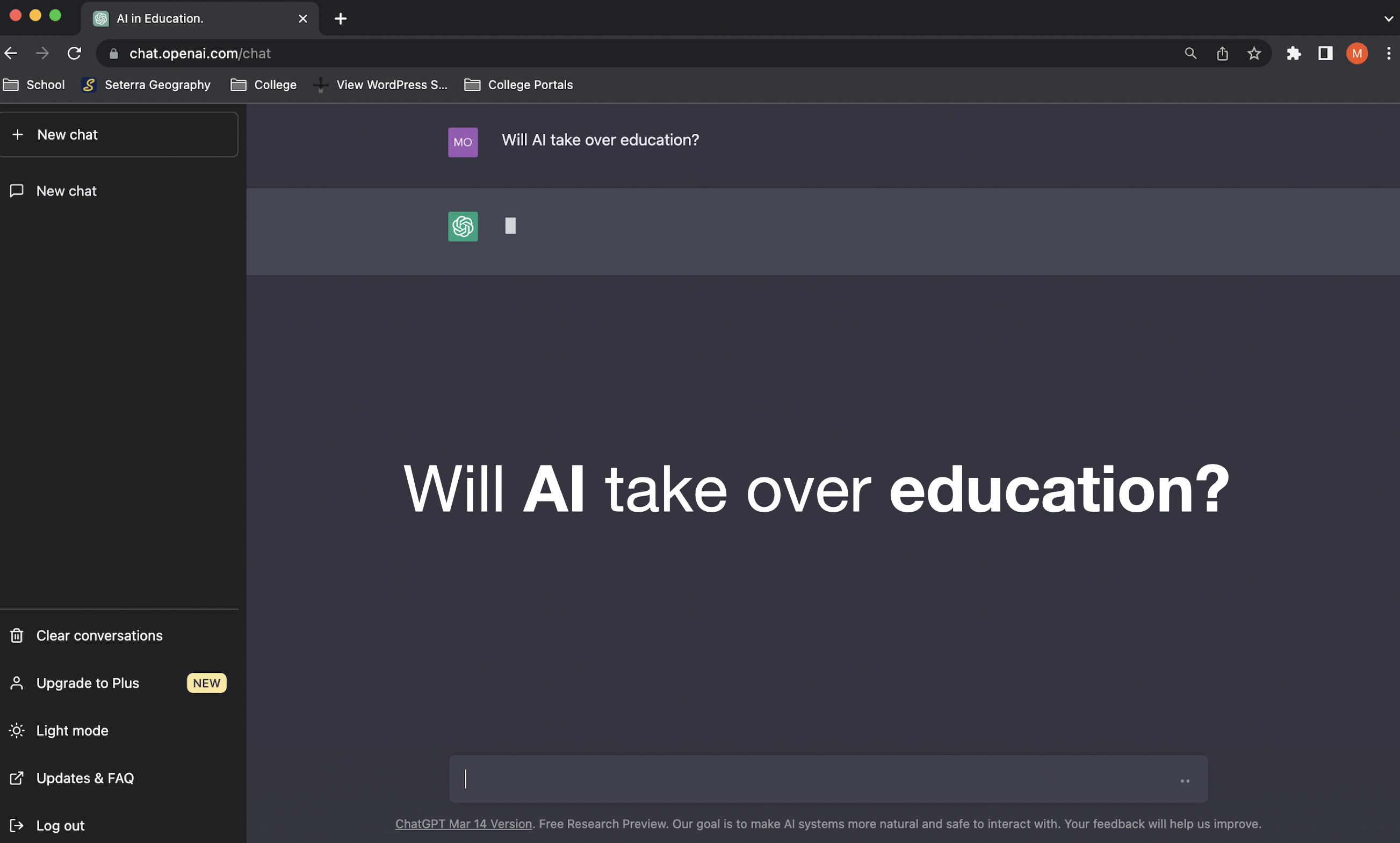 Student asking an artificial intelligence program to answer a question.
