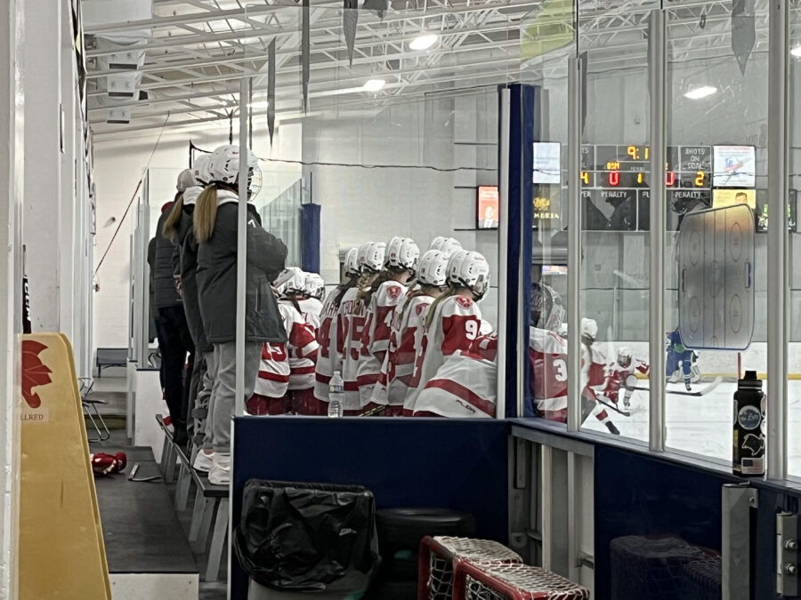 Injured players on the BSM girls hockey team stand on the bench and watch the game.