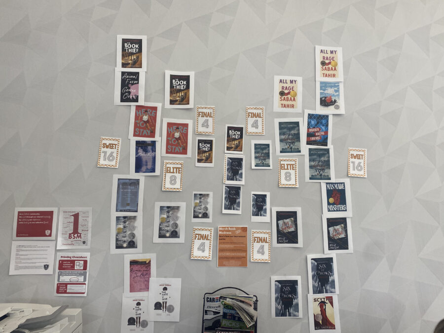 BSMS+March+Book+Madness+Bracket+hanging+in+the+library.