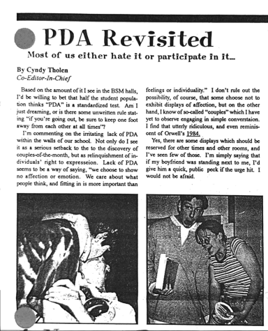 1996 Knight Errant article argues that PDA should be seen in the BSM hallways. 