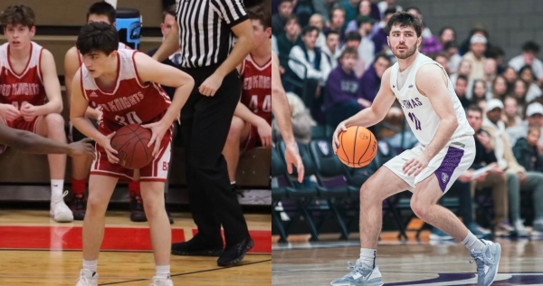 Riley Miller, 2018 BSM graduate, playing basketball for Benilde-St. Margarets and the University of St. Thomas.