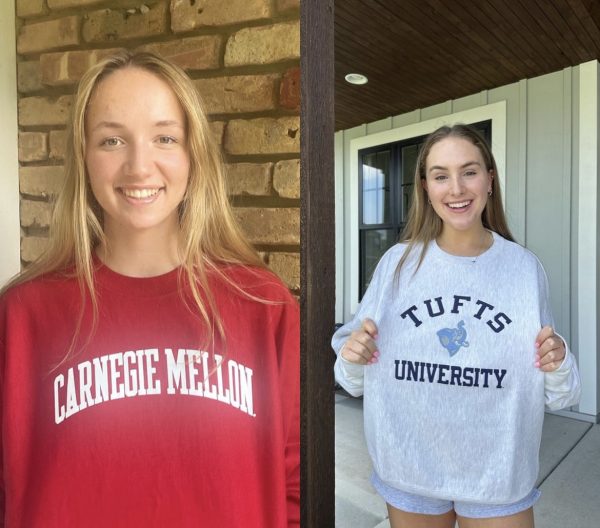 Pictured are Izzy Saffert and Ellery Clark sporting their college merch.