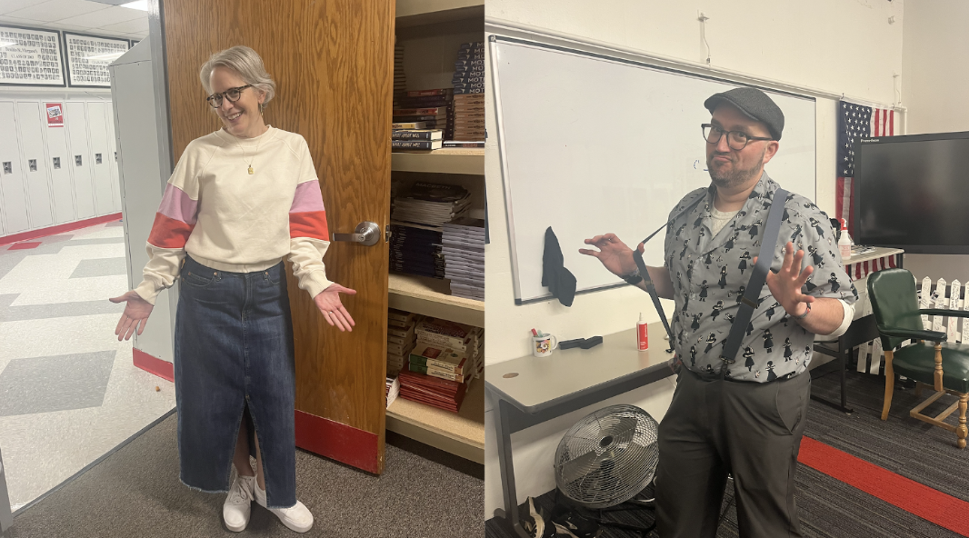 English teacher Anne Marie Dominguez and math teacher Jacob Mahler showing off their stylish outfits for the day.