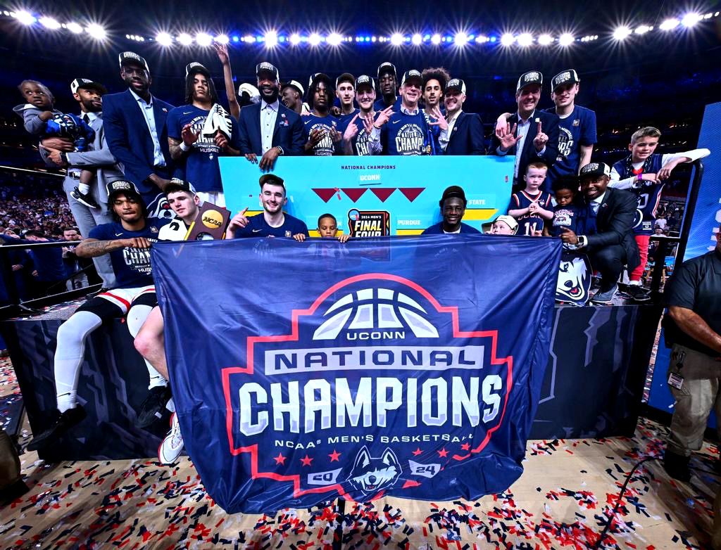 The UConn Huskies celebrate their win over Purdue in the national championship.