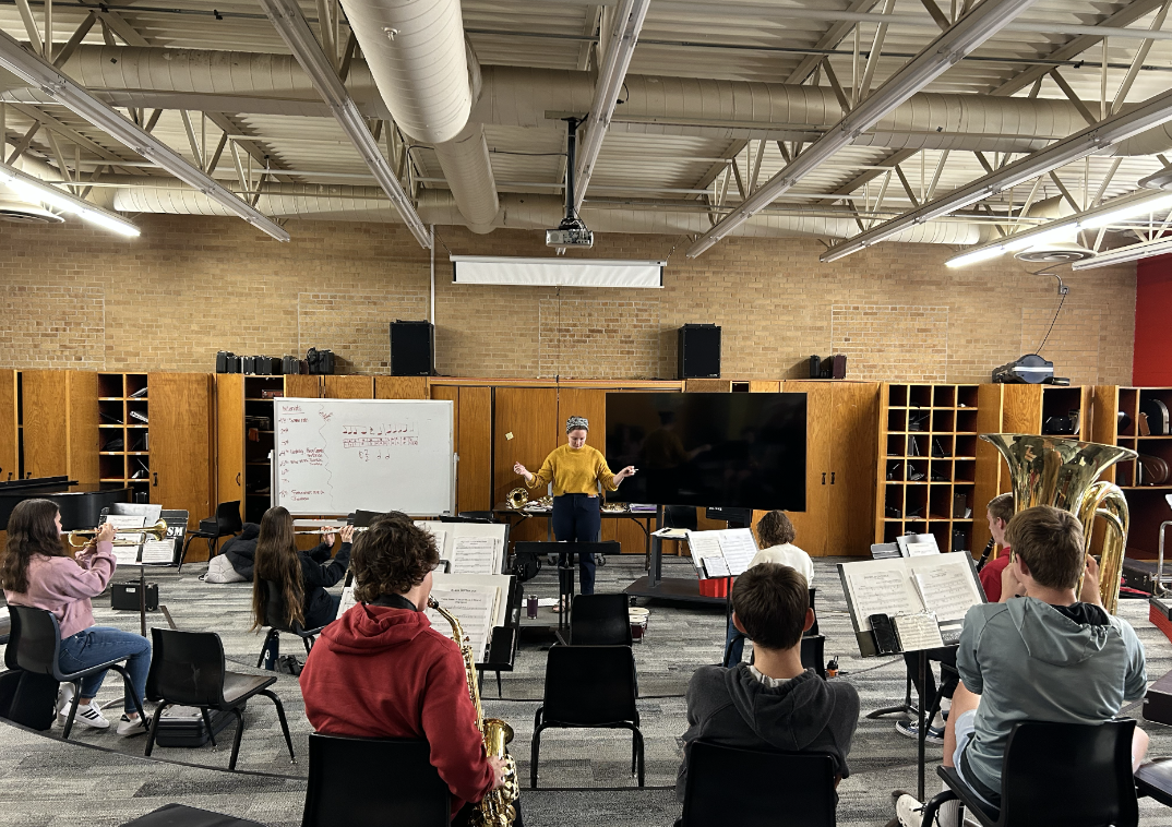 The BSM Concert Band, led by Josey Gruba, rehearses for the upcoming Pops Concert.