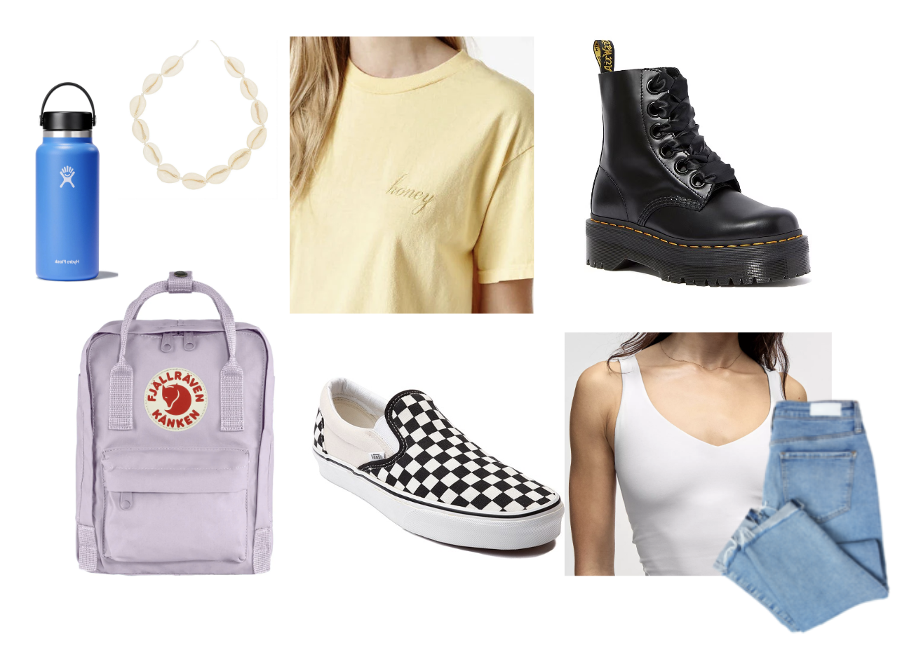 Accessories and clothing attire including Doc Martens, Checkered Vans, Hydroflasks, and shell necklaces are all fashion fails.