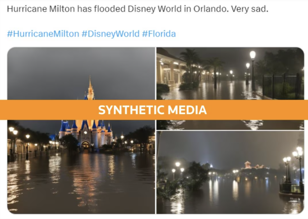 AI generated pictures of Disney World "flooded" circulating Facebook, Telegram, and X, gaining nearly half a million views. 