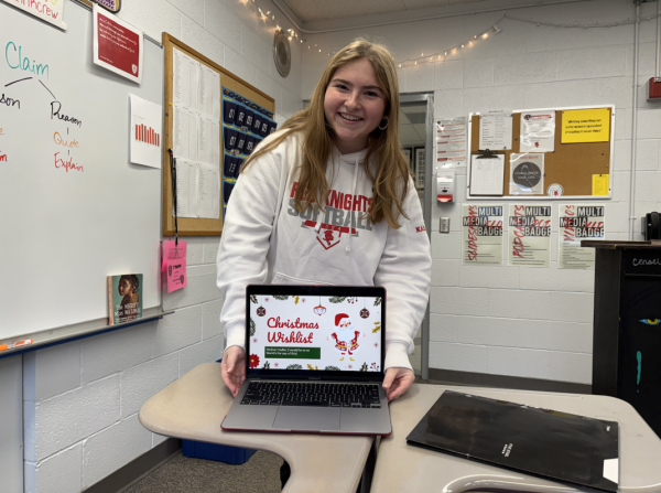 Senior Madison Kadlec giving her personalized Christmas List presentation to her classmates.